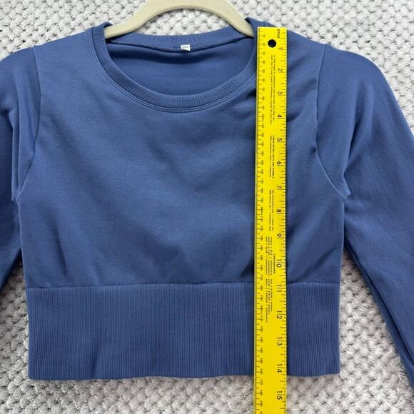 aerie Top Women XS Blue Rib Hem Crop Seamless Crew Neck Long Sleeves Activewear - Picture 7 of 9